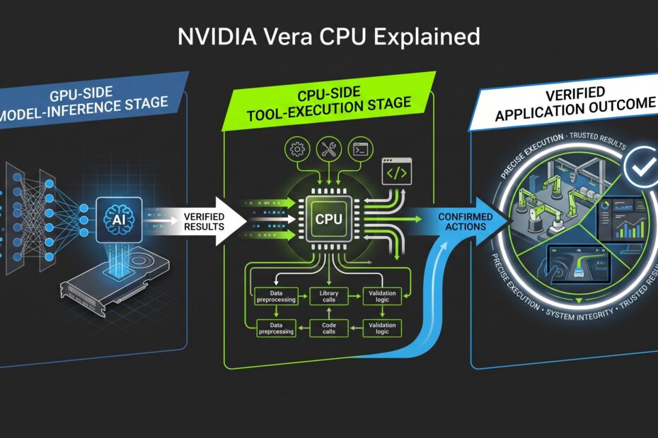 NVIDIA Vera CPU supporting tool execution alongside GPU inference in an agentic AI workflow.