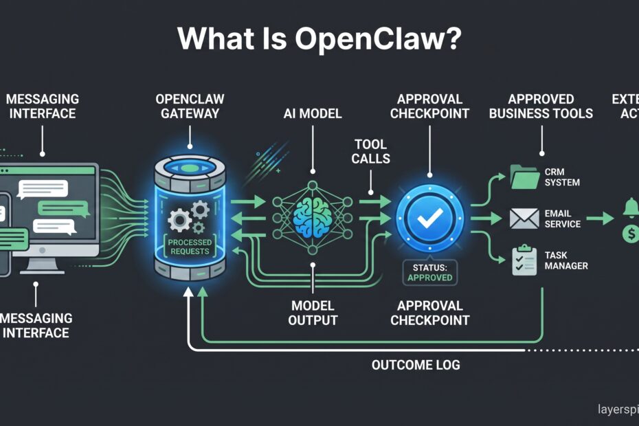 What Is OpenClaw: OpenClaw gateway connecting a messaging interface to an AI agent and approved tools.