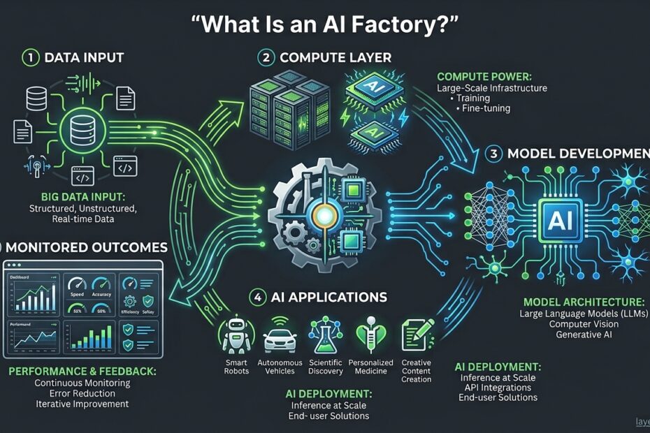AI factory architecture transforming governed data into models, inference and measurable business outcomes.